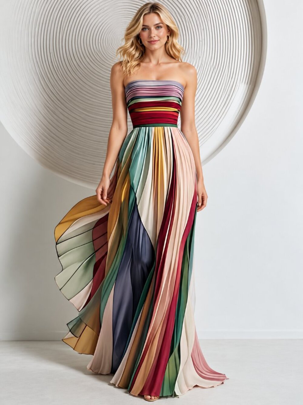 Women's Striped Pleated Tube Maxi Dress Wedding Evening Party Formal